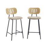 Lot de 2 tabourets tissu bouclette taupe et cannage rotin