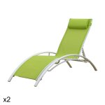 Lot de 2 transat en textilène vert et structure blanche Lot de 2 transat en textilène vert et structure blanche
