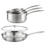 Lot de 3 casseroles inox 16 / 18 / 20cm, 1 poêle inox 24cm, 1 couvercle 2 Lot de 3 casseroles inox 16 / 18 / 20cm, 1 poêle inox 24cm, 1 couvercle 2