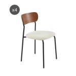 Lot de 4 chaises tissu bouclette cru pieds mtal noir