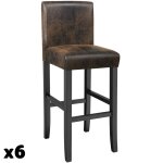 Lot de 6 tabourets de bar bois simili cuir avec dossier marron fonc