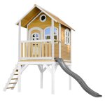 Maisonnette enfant avec toboggan gris, bois fsc, marron / blanc Maisonnette enfant avec toboggan gris, bois fsc, marron / blanc