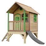 Maisonnette enfant avec toboggan gris, en bois fsc, marron / vert Maisonnette enfant avec toboggan gris, en bois fsc, marron / vert