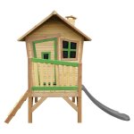 Maisonnette enfant avec toboggan gris, en bois fsc, marron / vert Maisonnette enfant avec toboggan gris, en bois fsc, marron / vert