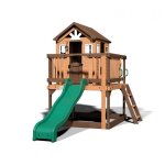 Maisonnette enfant avec toboggan vert, bac � sable & v�randa, bois fsc