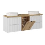 Meuble double vasque 1 panier � linge stratifi�s blanc et beige