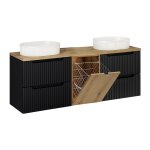 Meuble double vasque 1 panier � linge stratifi�s noir et beige