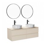 Meuble double vasque 120cm avec plan bois blanc + vasque + robinet + miroir