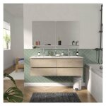 Meuble double vasque 120cm avec plan cramique dcor chne + miroir