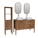 Meuble double vasque en noyer avec vasque, robinet, miroir et colonne Meuble double vasque en noyer avec vasque, robinet, miroir et colonne