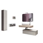Meuble de salle de bain 5 pices en mlamine tabac clair / blanc pierre