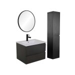 Meuble simple vasque 60cm noir + vasque + robinet noir + miroir + colonne Meuble simple vasque 60cm noir + vasque + robinet noir + miroir + colonne