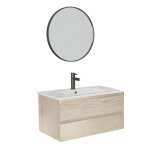Meuble simple vasque 80cm décor chêne + vasque + robinet noir + miroir Meuble simple vasque 80cm décor chêne + vasque + robinet noir + miroir