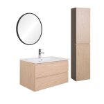 Meuble simple vasque 80cm décor chêne + robinet noir + miroir + colonne Meuble simple vasque 80cm décor chêne + robinet noir + miroir + colonne
