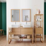 Meuble sous vasque plaqu chne naturel 120cm + vasque + miroir carr + co