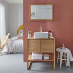 Meuble sous vasque plaqu chne naturel 70cm + vasque + miroir carr