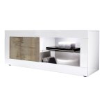 Meuble tv 1 portes 2 niches blanc laqu et aspect bois antik avec led