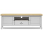 Meuble tv 2 portes 1 tiroir en pin massif blanc / effet chne 158 cm