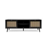 Meuble tv 2 portes 2 abattants impression cannage et noir - l150 cm Meuble tv 2 portes 2 abattants impression cannage et noir - l150 cm