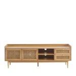 Meuble tv 2 portes 2 tiroirs en bois et cannage 180 cm - bois clair