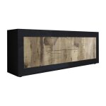 Meuble tv 2 portes 2 tiroirs finition noir mat et aspect bois antik
