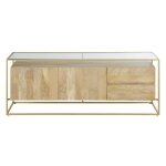 Meuble tv 2 portes 2 tiroirs en verre et métal coloris laiton Meuble tv 2 portes 2 tiroirs en verre et métal coloris laiton