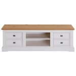 Meuble tv 4 tiroirs 2 niches en bois massif, blanc et brun