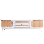 Meuble tv effet de bois blanc avec portes et tiroirs en rotin Meuble tv effet de bois blanc avec portes et tiroirs en rotin