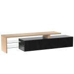 Meuble tv noir bois led 3 portes battantes et étagères en verre Meuble tv noir bois led 3 portes battantes et étagères en verre