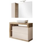 Meuble vasque 110cm + miroir beige et aspect bois finition cadiz