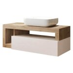 Meuble vasque 110cm suspendu 1 tiroirs beige laqu et aspect bois fin