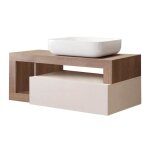 Meuble vasque 110cm suspendu 1 tiroirs beige laqu et aspect bois fin