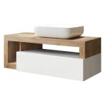Meuble vasque 110cm suspendu 1 tiroirs blanc laqu et aspect bois fin