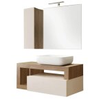 Meuble vasque 110cm suspendu + miroir beige et aspect bois finition m