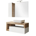 Meuble vasque 110cm suspendu + miroir blanc et aspect bois finition c