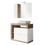 Meuble vasque 92cm + miroir blanc et aspect bois finition cadiz