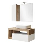 Meuble vasque 92cm suspendu + miroir blanc et aspect bois finition ca