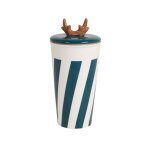 Mug avec couvercle en porcelaine blanche, verte et marron