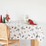 Nappe de noël en coton biologique écru imprimé feuilles de houx et gui 150x350 Nappe de noël en coton biologique écru imprimé feuilles de houx et gui 150x350
