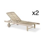 Pack 2 chaise longue de jardin en bois avec roues