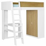 Pack lit mezzanine avec matelas blanc et bois 90x190 cm