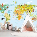 Papier peint enfant motif carte du monde et animaux 364x270cm Papier peint enfant motif carte du monde et animaux 364x270cm