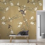 Papier peint panoramique printemps japonais beige jaune 280x200cm Papier peint panoramique printemps japonais beige jaune 280x200cm