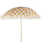 Parasol 2x2m en aluminium imitation bois et toile en polyester recycl motif damier jaune et blanc