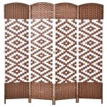 Paravent intrieur 4 panneaux pliables bois tress osier marron blanc