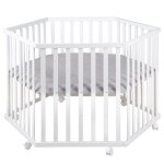 Parc hexagonal  roues rglable avec tapis gris en bois blanc