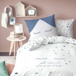 Parure de lit imprime en coton blanc, bleu gris 140x200 + 63x63cm
