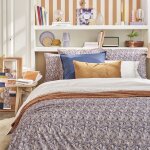 Parure de lit imprime en satin de coton bleu fonc 140x200