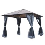 Pavillon de jardin rigide dim 4l x 3l x 2, 65h m rideaux gris noir brun