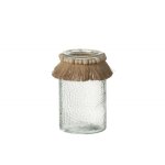 Photophore avec col raffia en verre transparent 12x12x18 cm